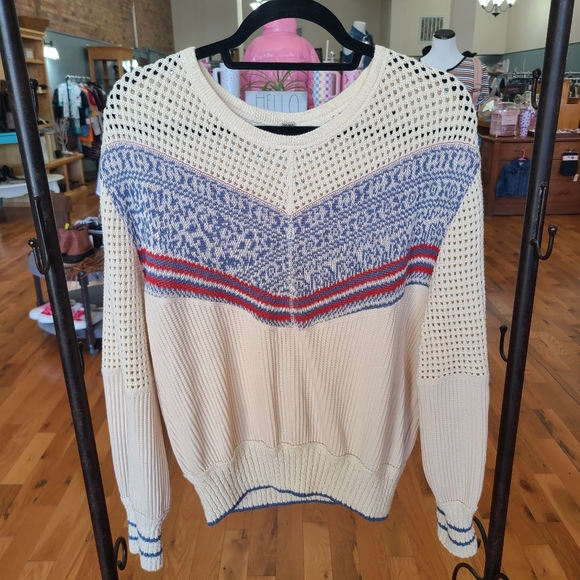 Free People Sweaters - Free People Geo Party Sweater Waffle Knit Cream Blue Red Size Medium